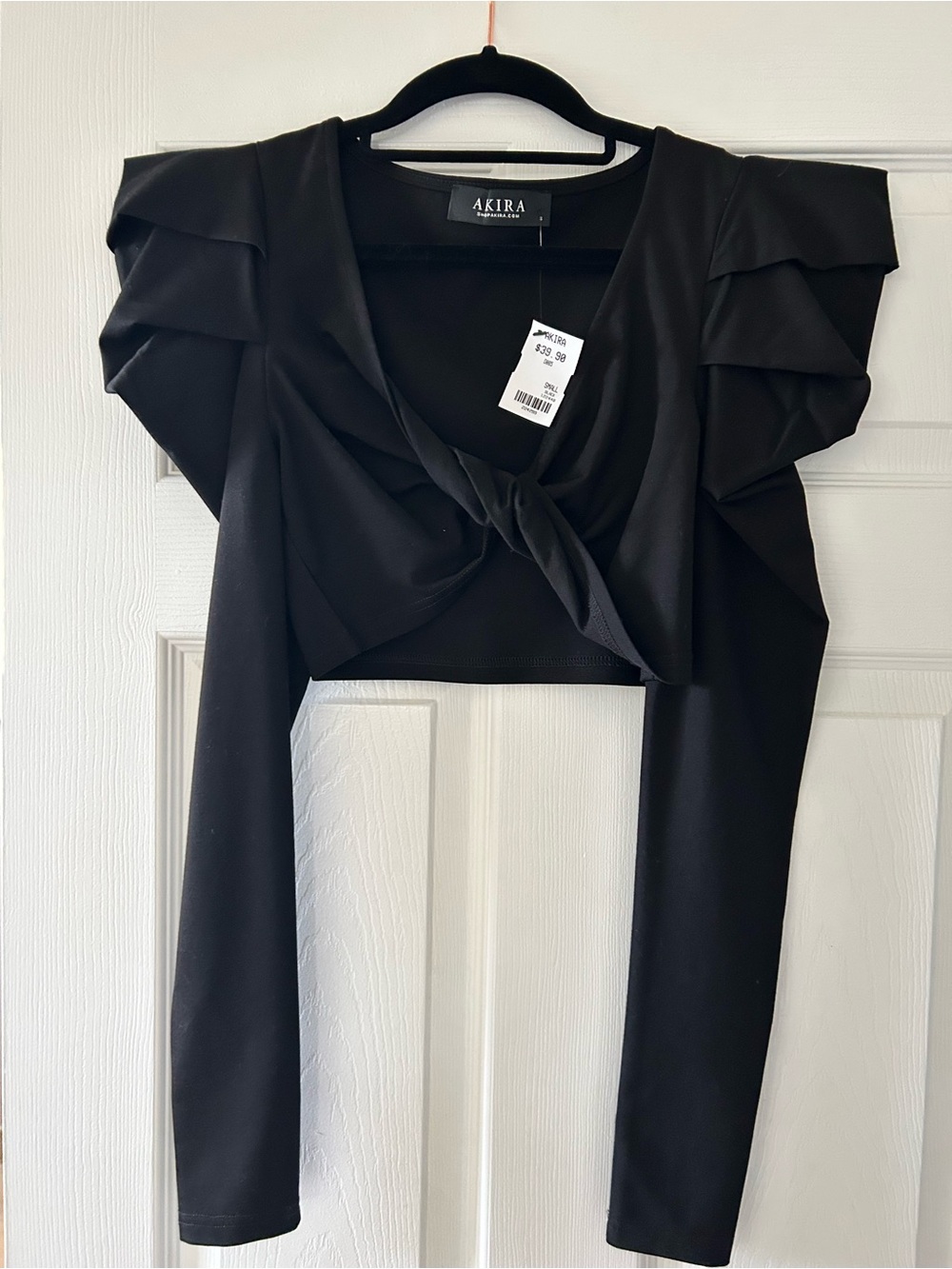 AKIRA Black Long-Sleeve Knot Front Cropped Top with Layered Shoulders